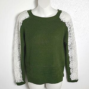 Listicle Army Green Sweater with White Lace Embroidered Longsleeves, Size Small